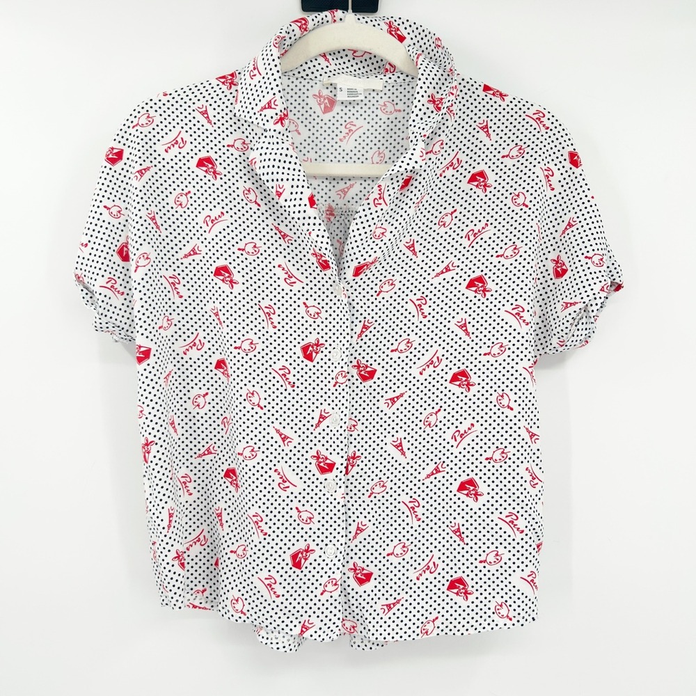 Urban Outfitters UO Cooperative Paris Novelty‎ Print Polka Dot Blouse Top Size S